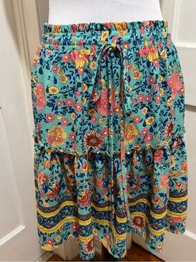 Tiered Floral Drawstring Skirt in Teal